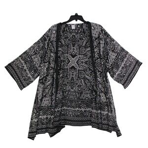 Bila Paisley Boho Kimono Cardigan Black White Open Front Lace Trim XL XXL SX6977